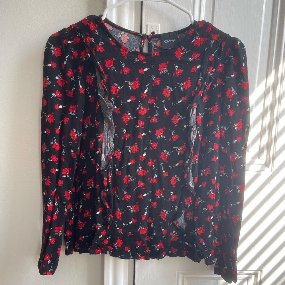 Black with Red Floral Print Blouse